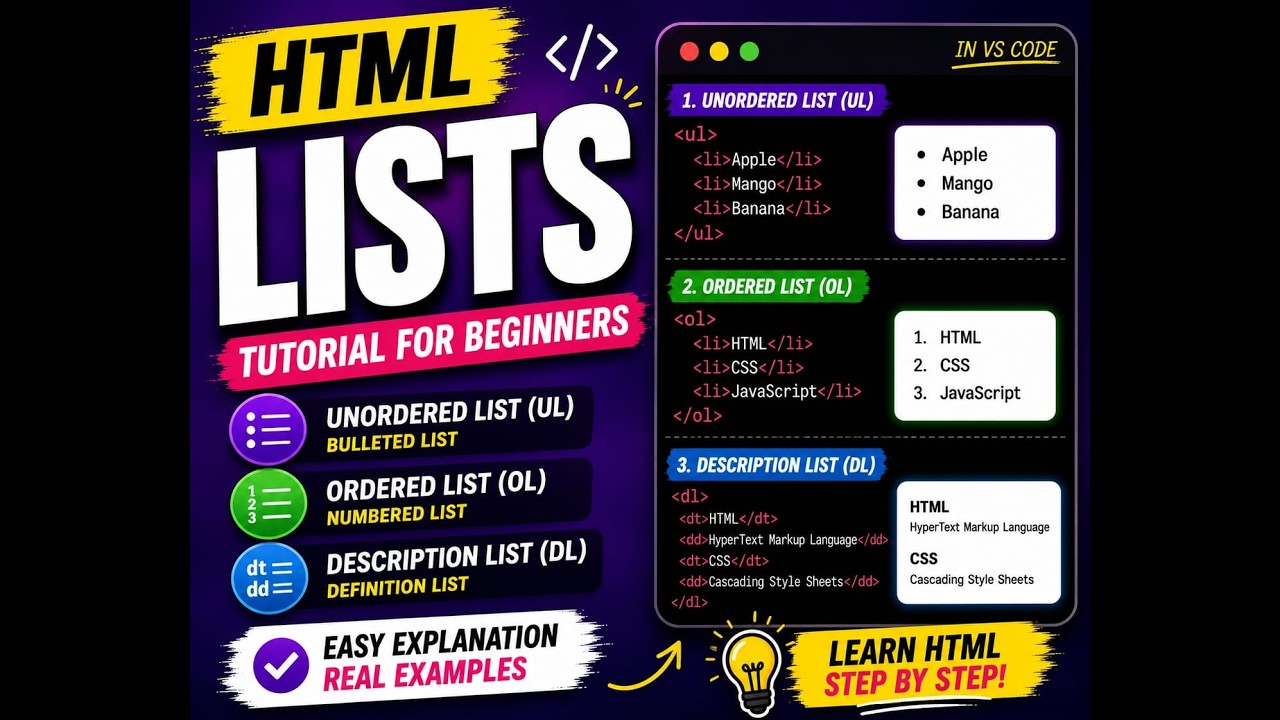HTML Lists Tutorial | Ordered, Unordered & Description Lists (Beginner ...