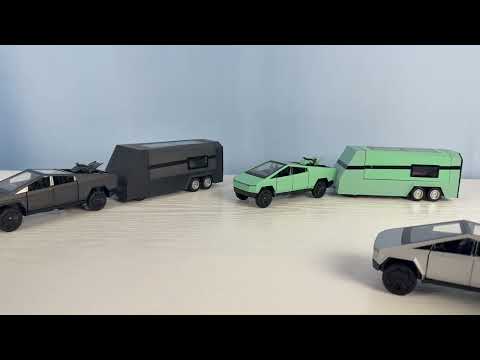 Машинка метал Tesla Cybertruck з підсвіткою у причепі квадроцикл чорна Тесла 1:32 звук 34*6,5*7 см (AP74226), видео 1