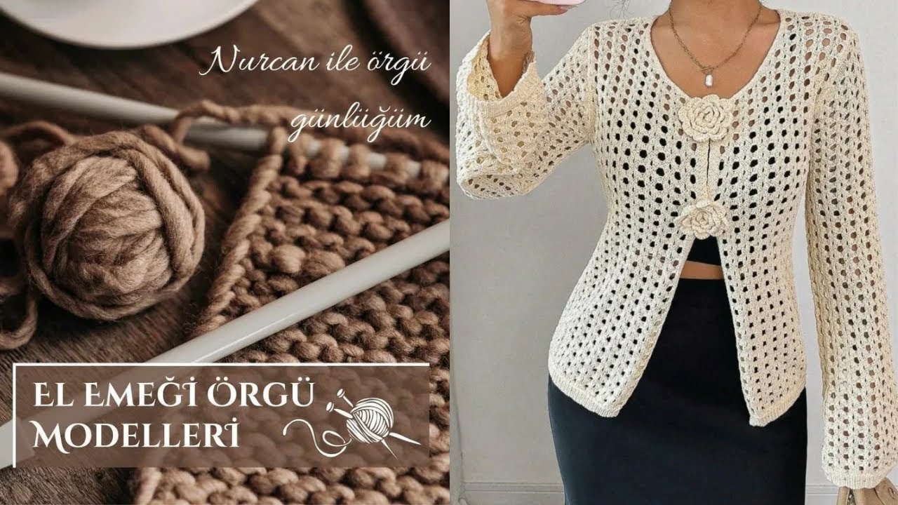 Çok Kolay Gösterişli Şık Hırka Modeli - Güllü Hırka - Rose Knitted Cardigan