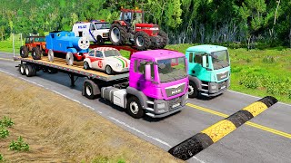 Double Flatbed Trailer Truck vs speed bumps|Busses vs speed bumps|Beamng Drive|11