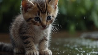 cute kitten is getting rained on and feeling cold in the park  poor cute kitten
