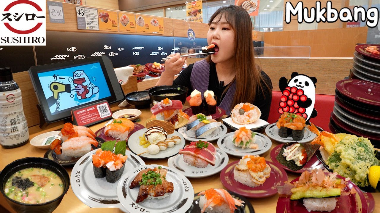 Mukbang l 🍣 СУШИРО, Суши-рай на конвейере! 1,4 доллара США за тарелку. 🍤