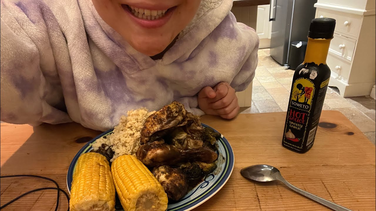 ASMR MUKBANG half a roast chicken, broccoli, couscous, corn on the cob