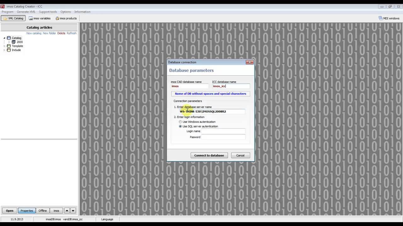 imos NET catalog creator iCC_001 - After startup - Database connection