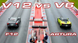 V12 vs V6 * 750HP Ferrari F12 vs 670 HP McLaren Artura 1/4 Mile Drag Race