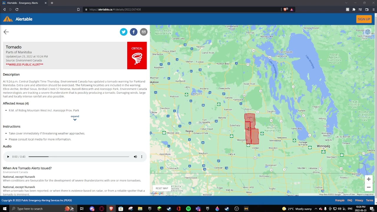Tornado warning for parts of southwest Manitoba