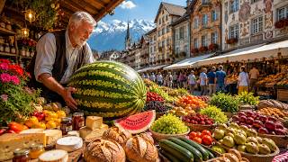SWISS ORGANIC FARMERS MARKET PARADISE | LUCERNE MORNING WALKING TOUR | OLD TOWN & SWITZERLAND 4K