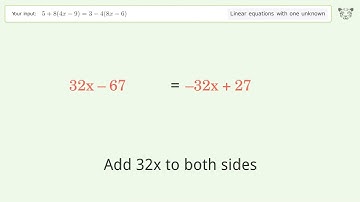 Linear equation with one unknown: Solve 5+8(4x-9)=3-4(8x-6) step-by-step solution