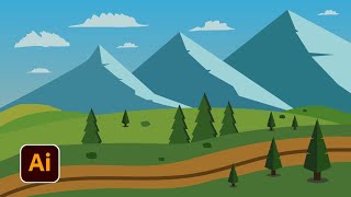 Green Field Mountains Landscape Vector Illustration | Adobe Illustrator Tutorial | Q Tube