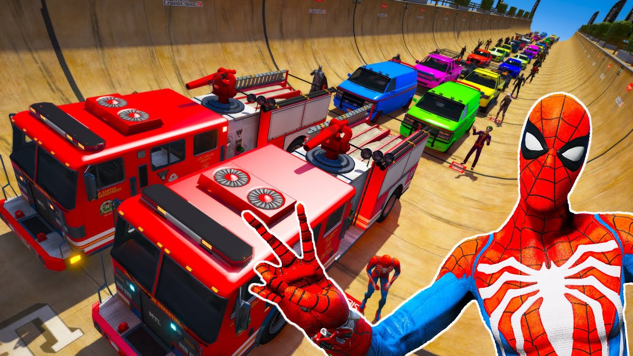 Spider Man and Friends Biggest Skateboard Ramp Challenge on Cars and Fire Trucks GTA 5
