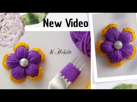 Çatalla Çiçek Yapımı/Super Easy Woolen Flower Making Trick with Fork - Hand Embroidery Designs