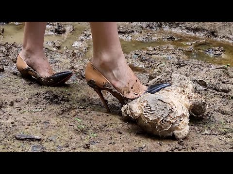 High heels wet and muddy, teddy bear crushed by high heels in mud, high heels muddy crush (# 769)