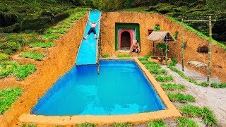 How To Build Swimming Pool Water Slide Around Secret Underground House In The Cliff