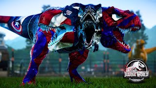 3 Head Hybrid Super Hero Gen T-Rex vs Venom, Spider-Man Dinosaurs Fight Jurassic World Evolution