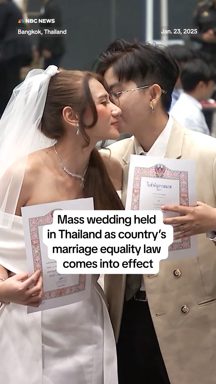 Mass wedding held in Thailand as country's marriage equality law comes into effect