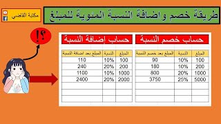 طريقة خصم واضافة النسبة المئوية للمبلغ في الاكسيل طريقة حساب النسبة المئوية excel اكسل