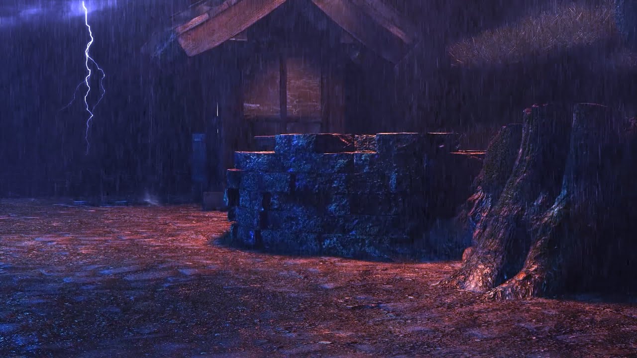 Heavy rain by dark lightning shaking on the old roof, the