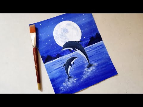 Easy Dolphin Moonlight landscape Scenery Drawing with acrylics step by step tutorial for beginners