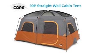 CORE Straight Wall 14 x 10 Foot 10 Person Cabin Tent with 2 Rooms &  Rainfly, Red 