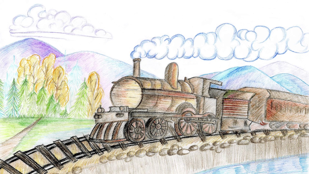 Нарисовать детскую железную. Железная дорога рисунок. Поезд рисунок. Рисунок на тему поезд. Детские рисунки поезда.