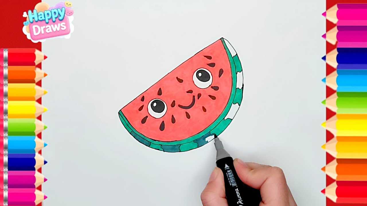 Нарисуем арбуз | Легкое рисование и раскрашивание арбуза для детей и начинающих
