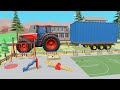 Road Vehicles and Tractors parked in the Colorful Garage - Construction of a playground for Kids