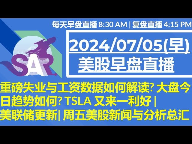 美股直播07/05[早盘] 重磅失业与工资数据如何解读? 大盘今日趋势如何? TSLA 又来一利好 | 美联储更新| 周五美股新闻与分析总汇