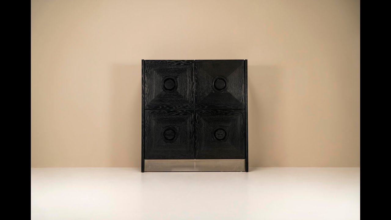 Brutalist Highboard In Stained Oak And Brushed Steel, Belgium 1970s