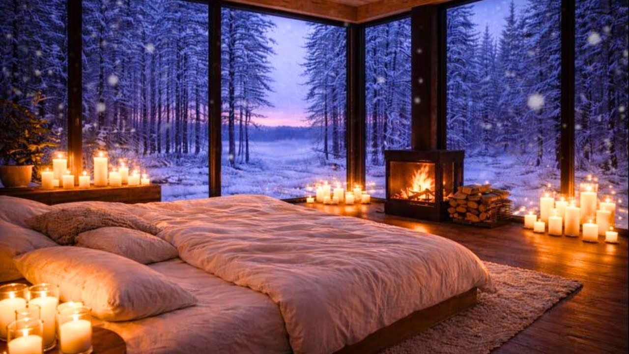 🌸 Cozy White Piano Lounge | Fireplace Flowers & Snow ❄️ 5 Hours | Relax Focus Study Meditation