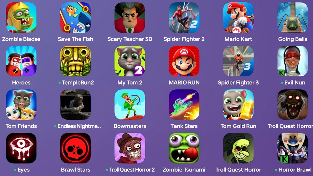 Zombie Blades, Save The Fish, Scary Teacher 3D, Spider Fighter 2, Mario Kart, Going Balls, Heroes