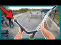 Riding worlds biggest scooter deck at skatepark