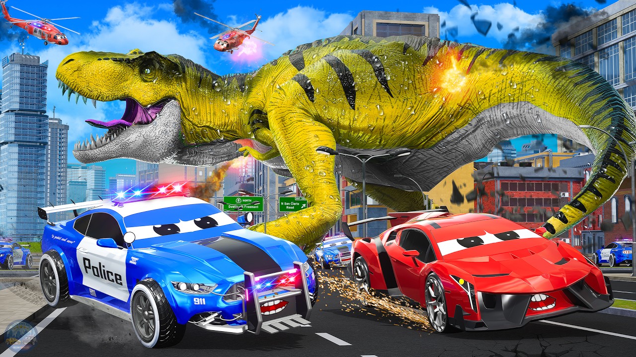 Dinosaur Attack on Cars Giant T Rex Destroys City  Monster Trucks Police Cars Rescue Compilation