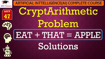 L47: CryptArithmetic Problem in Artificial Intelligence | EAT + THAT = APPLE Problem Solution