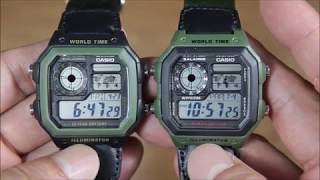 CASIO WATCH 卡西歐十年電池世界地圖時間黑.綠色帆布帶電子腕錶 AE-1200WHB-1B.3B