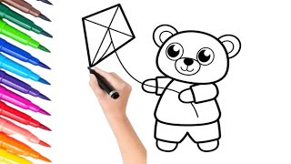 Teddy bear with kite 🪁 drawing for kids/kids drawing beginners/kids drawing tutorial