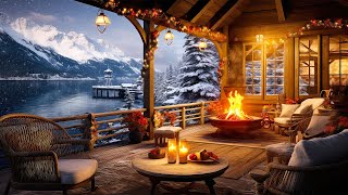 Snowy Day at Cozy Winter Porch Ambience with Warm Piano Jazz Music & Fireplace Sounds for Relax,Work