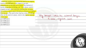 A solid disk rotates in the horizontal plane at an angular velocity of \( 0.067 \mathrm{rad} / \...