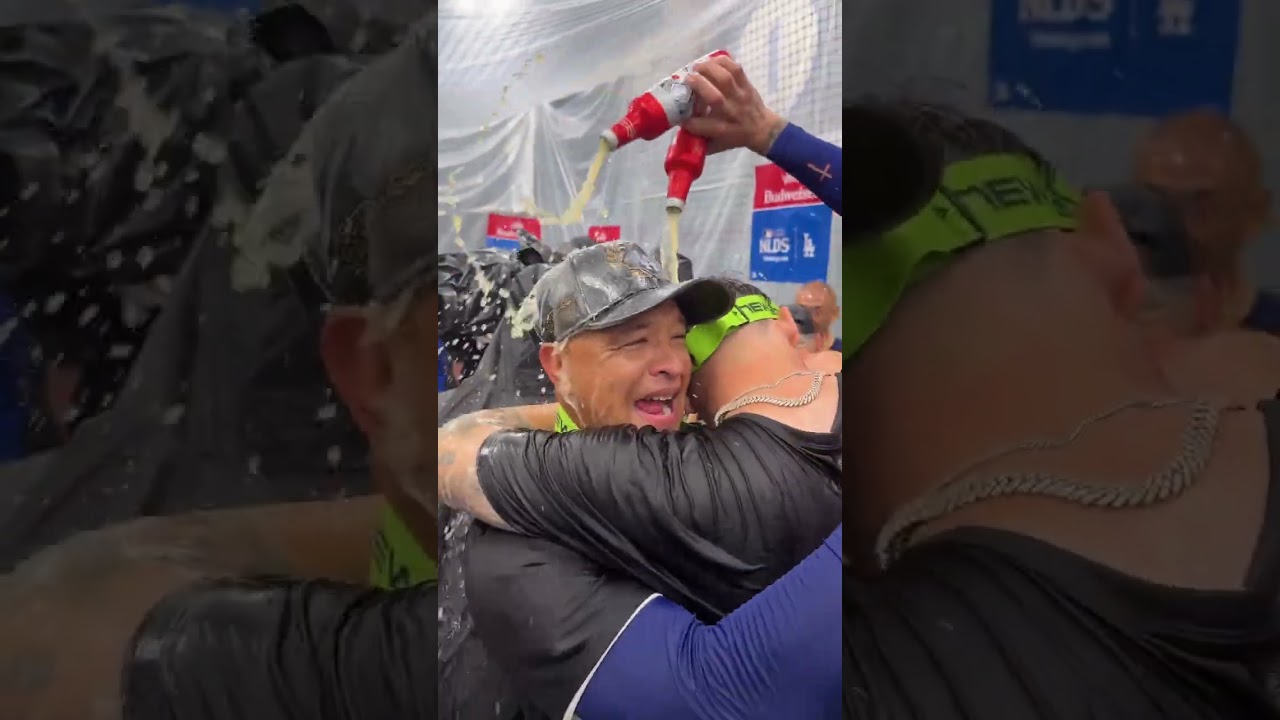 Scenes from the LA locker room after securing the NLDS 🍾 (via @dodgers/IG)