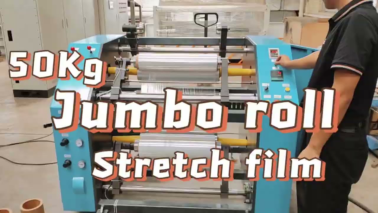 Semi-automatic Stretch/Cling Film Rewinder, 50 KG Jumbo roll,18 KG Sub rolls, rewind 650 m/min