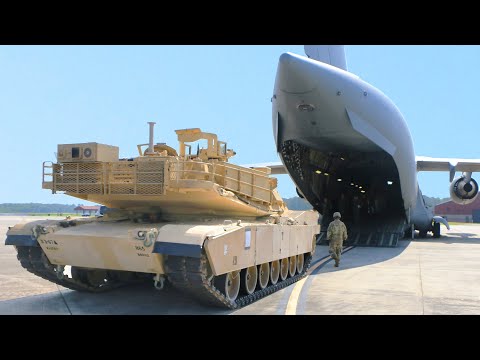 Loading Massive 60 tons M1 Abrams Armored Inside US C-17 Globemaster III