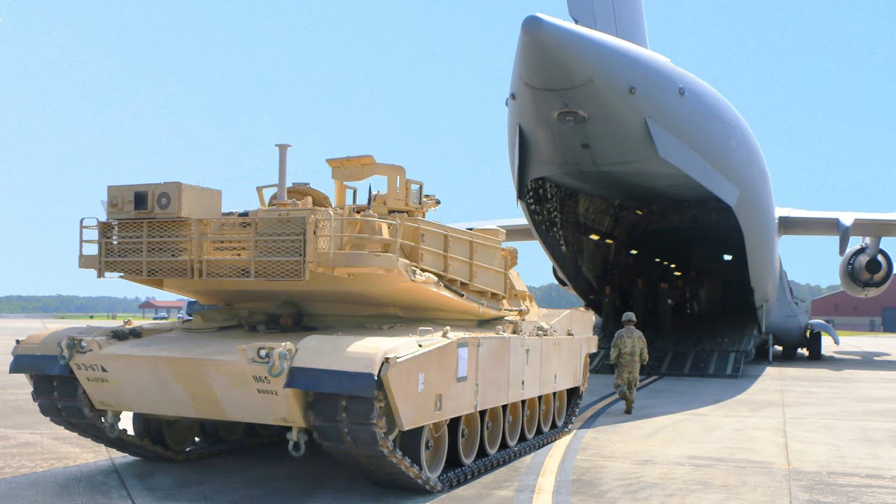 Loading Massive 60 Tons M1 Abrams Armored Inside US C 17 Globemaster Loading Massive 60 Tons M1 Abrams Armored Inside US C 17 Globemaster