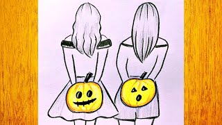 Cómo dibujar mejores amigas para Halloween / Dibujo simple de Halloween paso a paso