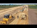 Construction Equipment Working Dump Trucks Bulldozer Motor Grader Roller Build New Big Road