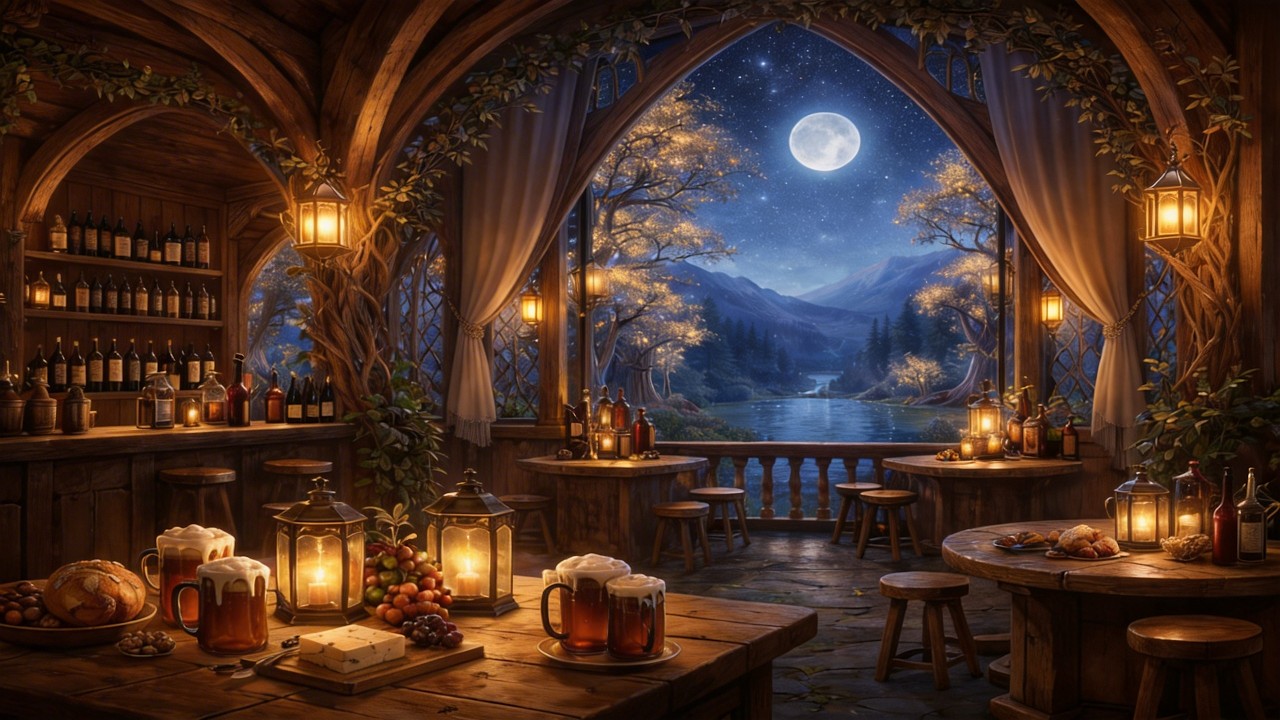 Moonlit Tavern | 1 Hour Cozy Elven Tavern Ambience • Relaxing Harp Music