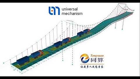 Simulation of interaction of a flexible suspension bridge and trucks in Universal Mechanism software