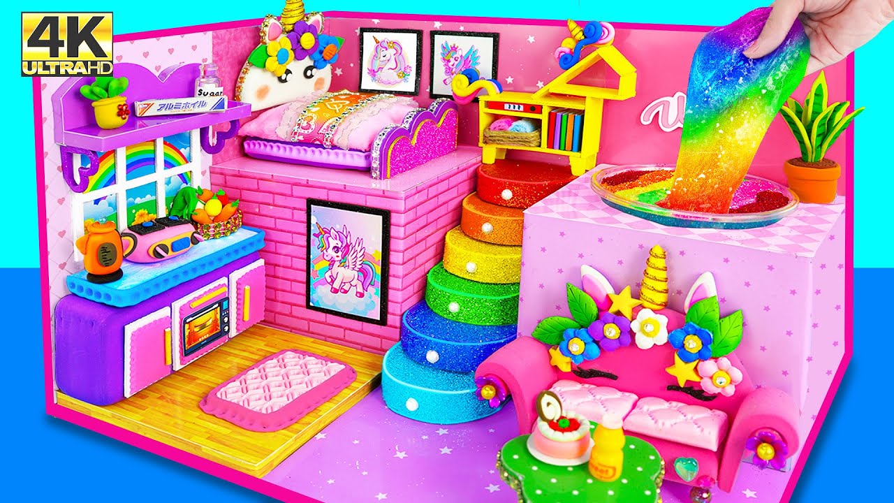 (EASY) DIY Pink Unicorn House with Bunk Bed, Rainbow Stairs by Polymer
