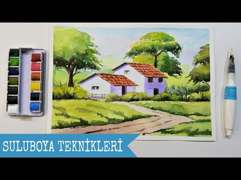 Sulu Boya Manzara Çizimi Nasıl Yapılır ! ( Su hazneli fırça ve Vox sulu boya kullandım)