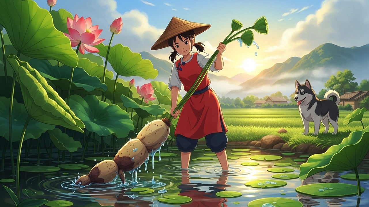 Harvesting Lotus Roots in the Morning Pond – Making Honey Sticky Rice Lotus | Ghibli-Style ASMR