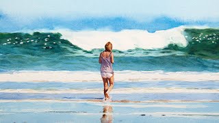 Watercolor painting of a girl and crashing waves
