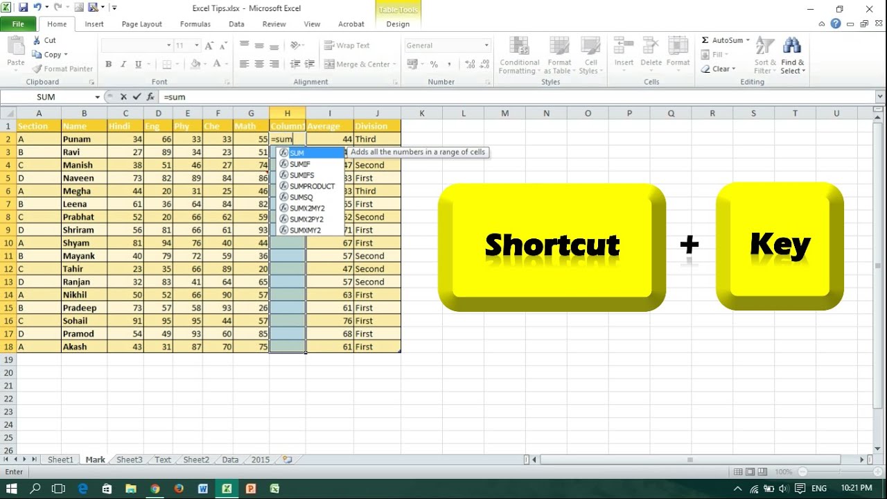 excel shortcut keys and formulas